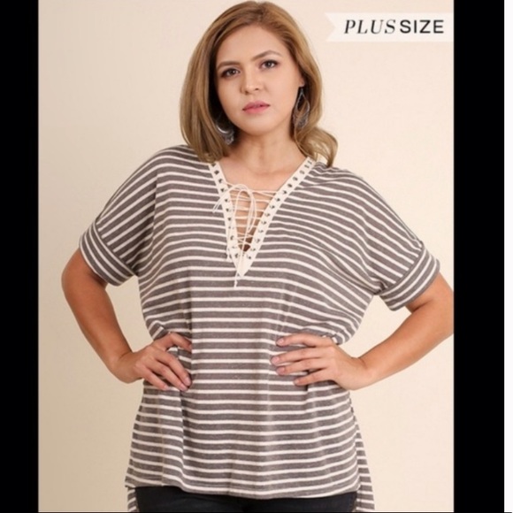 Umgee Tops - Umgee Gray Stripes Lace Up High Low Top Plus Size